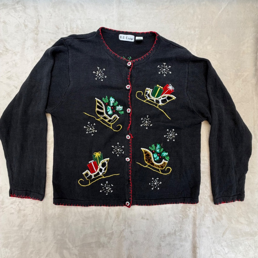 B.P. Design Holiday Cardigan Women XL Black Beaded Sleigh Christmas Sweater